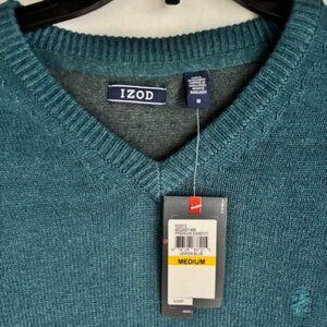 Izod Sweater Mens M Green Blue V-Neck Knit Long Sleeve Pullover Preppy Office